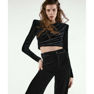 ZARA NWT Velvet Shoulder Pad Top Black XS